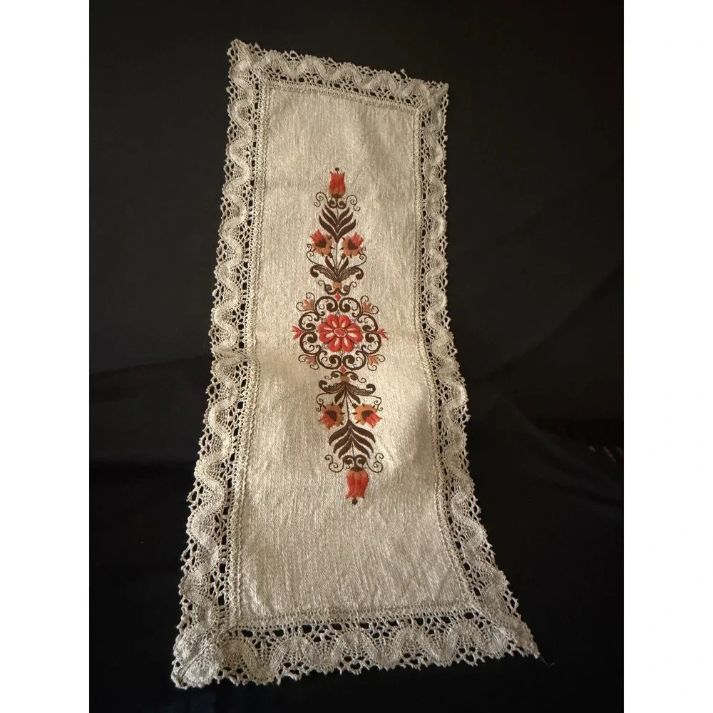 Vintage Floral Embroidered Table Runner Cotton Linen Lace Trim Tulip Folk Art